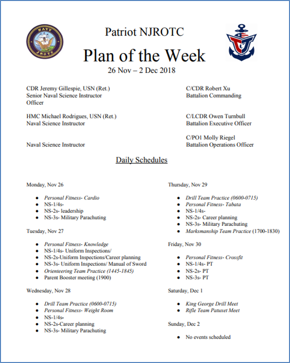 Plan Of The Week Template Navy